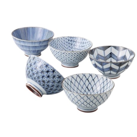 Set de 5 bols japonais dans les tons bleu et blanc