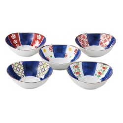 Set de 5 bols en porcelaine japonaise rouge et bleu