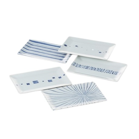 Set de 5 plats à sushi japonais blancs et bleus