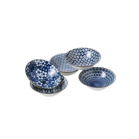 Set de 5 bols japonais bleus avec motifs