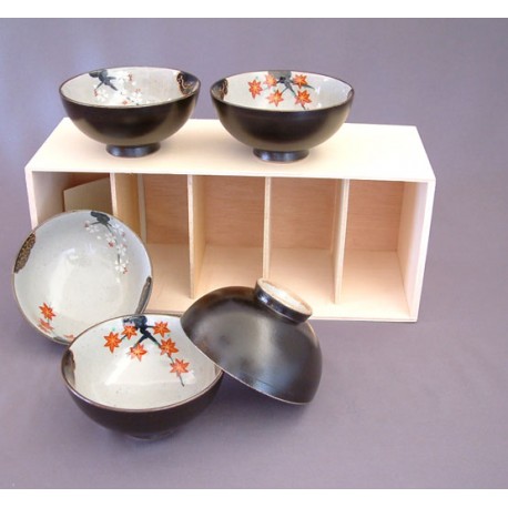 Set de 5 bols Momiji en céramique japonaise noir